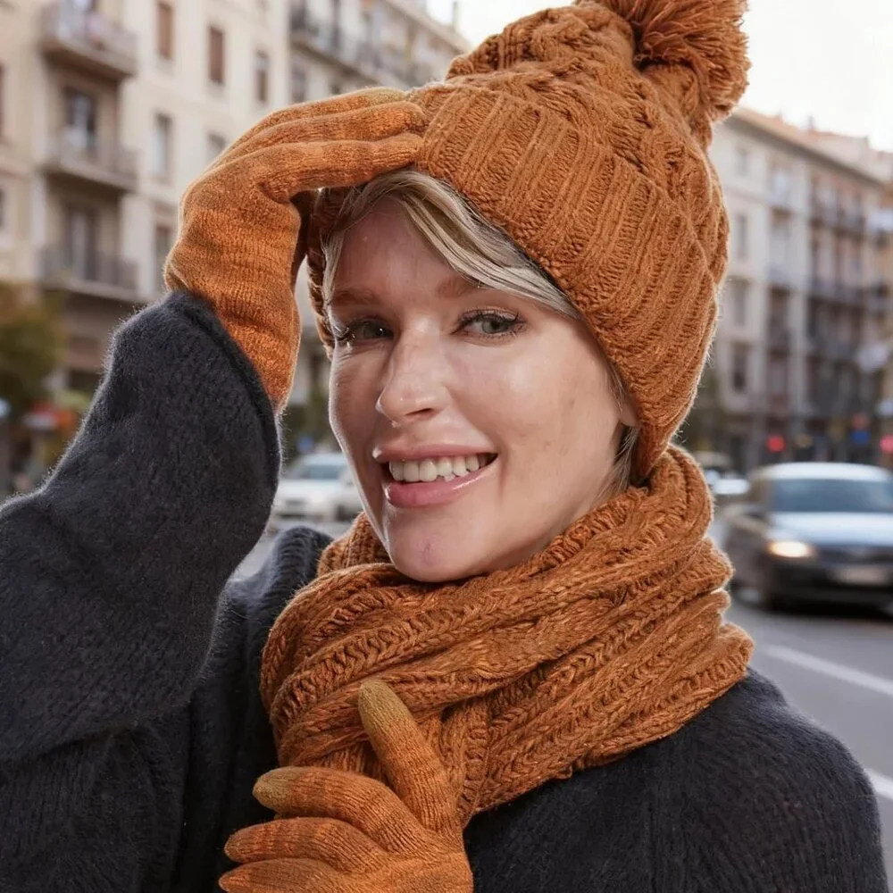 Womens Knit Beanie Hat Scarf Gloves Set Winter Warm Accessories for Cold Weather